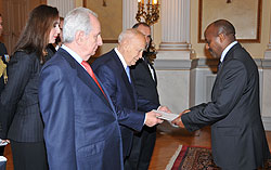 Ambassador Kabale presents his credentials to Greece President, Karolos Papoulias (Courtesy Photo).