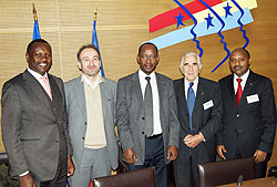 PSF president Robert Bayigamba (R), RDB CEO John Gara (middle) and Rwanda ambassador in France Jaques Kabare with the French delegation (Courtsey Photo)