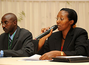 Minister Coletha Ruhamya speaking at the workshop yesterday. Left is Biomas coordinator, Gaspard Nkurikiyumukiza (Photo T Kisambira)