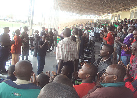 City authorities meeting representatives of public transport companies at Nyamirambo stadium yesterday. (Photo. G. Mugoya)