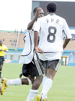 Abbas Rassou and Haruna Niyonzima celebrate a recent league goal. The pair  is expected to start today's game. (File Photo)