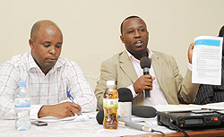 Janvier Folongo the Executive Secretary of IBUKA ( L) together with Theophile Ruberangeyo, the acting Exective   Secretary of FARG during the press conference (Photo T.Kisambira)