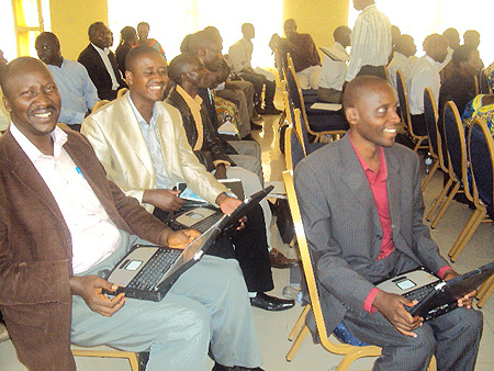 Heads of Vocational schools testing some of the  equipment donated to them (Photo D.Sabiiti)