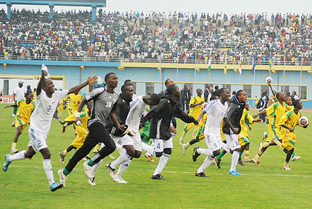 Rwanda U-17 players in celebrations after sealing a historical African final place. (Photo: T. Kisambira)