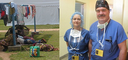 L-R :  Obstetric fistula patients take a break outside one of the tents set up at Kibagabaga Hospital ; Dr.Timothy McKinney(R) and Dr. Elizabeth Burton (L) are restoring hope to fistula patients.(Photo by Umutesi .D.)