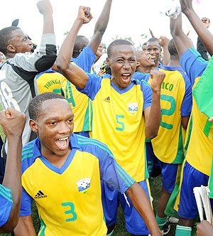 The youngstars show their excitement after Tuesdayu2019s 1-0 win over Egypt at Kiglai Regional Stadium. (Photo T. Kisambira)