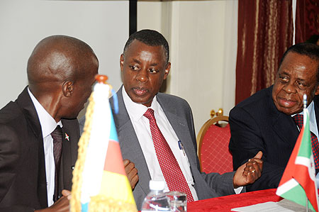 Defence Ministers; Maj Gen Pontien Gaciyubwenge (Burundi), Gen James Kabarebe and Mwando Nsimba (DRC) during the meeting yesterday (Photo: T. Kisambira)