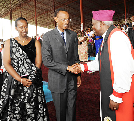 President Paul Kagame, and First Lady, Jeannette Kagame, congratulate Bishop Rwaje at his consecration, yesterday. (Photo Village Urugwiro)