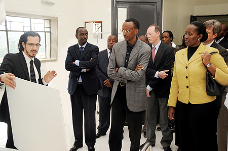 President Paul Kagame, First Lady, Jeannette Kagame, Dr Paul Farmer - Founder Partners in Health (second right) and Dr Richard Sezibera u2013 Minister of Health (second left) getting a tour of the hospital, yesterday. (Photo T/Kisambira)