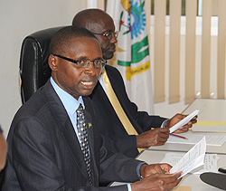 State Minister for Primary and Secondary Education Mathias Harebamungu and RNEC boss John Rutayisire announcing the results last week. Government will prioritize girl child (File photo)