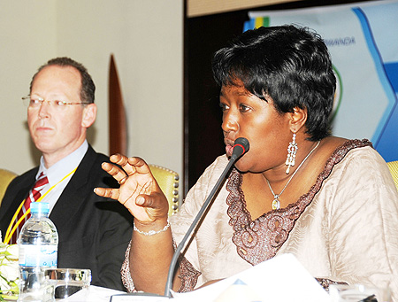 MoH PS, Dr Agnes Binagwaho making a point as Dr Paul Farmer looks on (Photo T.Kisambira)