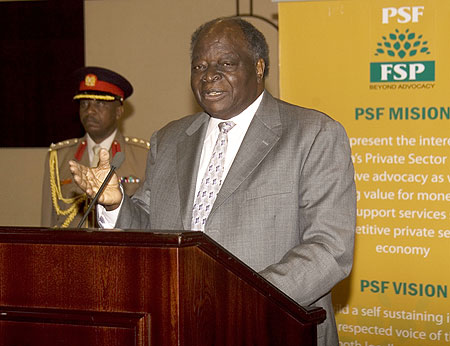 President Mwai Kibaki adressing a gathering during his last visit to Rwanda.  (File Photo)