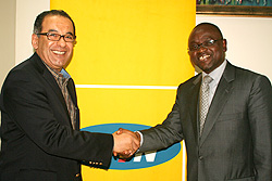 MTN CEO Khaled Mikkawi and ACBF'S Bakary Kone after meeting at MTN Centre on Thursday (Photo E Kabeera)