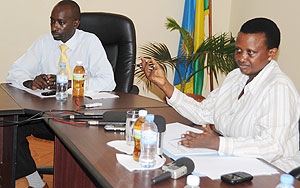 Mary Gahonzire, the Commissioner General of Prisons, and Asiimwe Kamasa, the acting director of Finance, speaking to journalists, yesterday (Photo T.Kisambira)