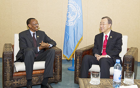 President Kagame meets UN Secretary General, Ban Ki Moon, on the sidelines of the AU Summit in Addis Abeba that concluded yesterday. (Photo Village Urugwiro)