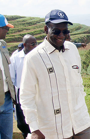 The WFP Regional Director Mustapha Darboe touring the terraces in Rulindo yesterday (Courtesy photo)