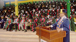 Rector Prof. Lwakabamba speaking at the graduation ceremony yesterday. Photo F Ntawukuriryayo