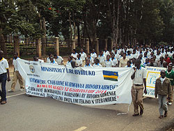 Students march through Muhanga town as part of the anti-drugs campaign.(Photo D.Sabiiti)