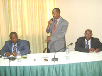 Jean Damascene Kayitana (C) in the company of  the Kenyan facilitators during the opening of the training. (Photo / B Mukombozi)