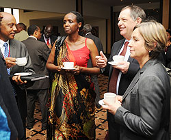 Minister of Agriculture Agnes Karibata (C) with Dr. Bernard Vallat (2nd right) and dr. Theogene Rutagwenda (L) at the conference. (Photo J Mbanda)