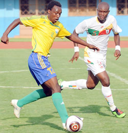 One of Amavubi's exciting prospects Kipson Atuheire (L) didnot play in Sudan. (File Photo)