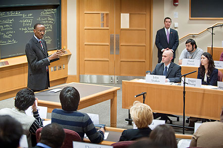 President Kagame giving a lecture at Harvard Business School Tuesday evening (Photo Urugwiro Village)