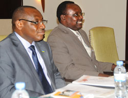 Central Bank Vice Governor Claver Gatete and the Banku2019s Governor Francois Kanimba during the launch of the monetary policy and financial stabilty statement yesterday. (Photo: T.Kisambira)