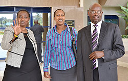 Outgoing RRA boss Mary Baine with Finance PS Kampeta Sayinzoga and new RRA chief Ben Kagarama after the handover (courtsey photo)