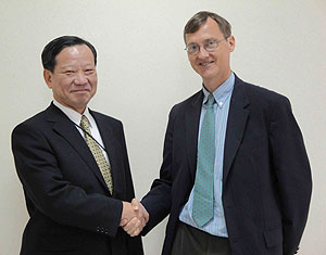 Japanese Ambassador to Rwanda Kunio Hatanaka (L) together with Dr Caleb King, the Director of Shyira hospital after signing the agreement.(Photo S Mugisha)