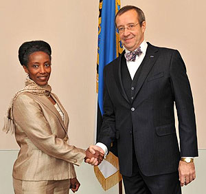 Amb Immaculu00e9e Uwanyiligira (L) with Estonian President, Toomas Hendrik Ilves