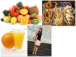 L-R: healthy food; Might be yummy but one shouldn't get trapped by them; orange-juice; The stairs could do you a world of wonders