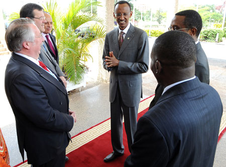 President Kagame with heads of the Burundian, Belgian and Congolese parliaments after speaking at the opening ceremony of 3rd conference of Speakers of CEPGL member states, yesterday.