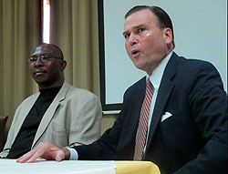 (R-L) US Ambassador Stuart Symington and Dr Bizimana Bonavanture during the press conference yesterday (Photo T.Kisambira