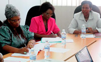 L-R Namibian MPs Sophia Swartz and Silvia Gonaone Makgone in a meeting with GMO's Oda Gasinzigwa yesterday. (Photo; T. Kisambira)