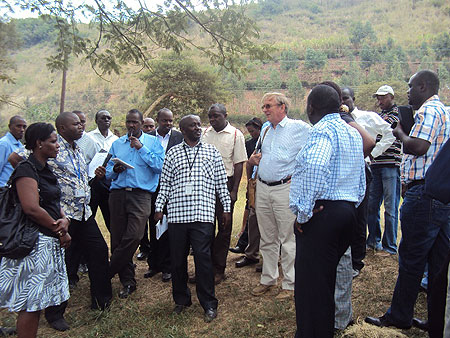 RRAu2019s Zephanie Muhigi(C) with Uganda and Rwandan officials touring where one stop centre border post will be constructed. (Photo D Ngabonziza)