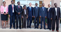 (L-R) Clare Akamanzi (RDB), Mupira Pierre (Min. of Trade, Burundi), Jonas Schadreck (Min. Malawi), Omowumni Ladipo (World Bank, Country Manager), Johannes Zutt (Country Director for Rwanda World Bank), Hategeka , Gara , Mbundu , Mayor Kabera. (Courtesy Ph