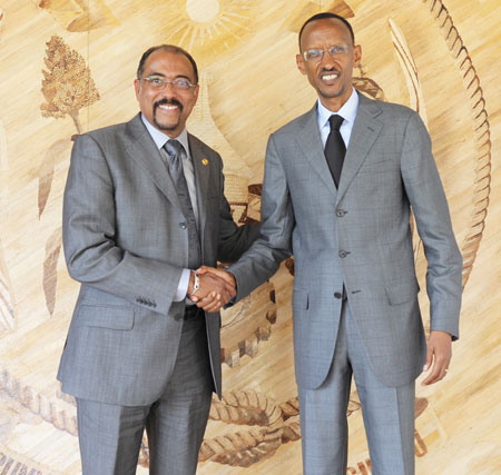 President Kagame with UNAIDS Executive Director, Dr. Michel Sidibu00e9, after their meeting at village Urugwiro, yesterday. (Photo Village Urugwiro)