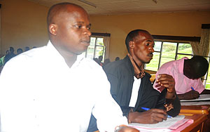 Jean Ndimubahire, his attorney Felicien Bimenyimana and co-accused Jean Pierre Nsabimana, in court yesterday (photo S Nkurunziza)