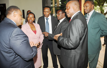 Trade and Industry Minister Monique Nsanzabaganwa (2L) with stakeholders in the Hotel Industry at the meeting. (Photo J Mbanda)