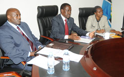 Uganda envoy Richard Kabonero, Amb.James Mugume and PS Mary Baine at the JPC meeting, yesterday. Photo J Mbanda)