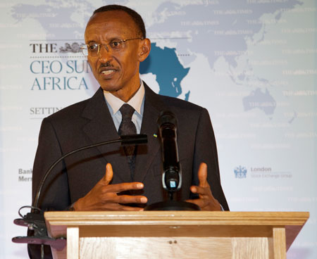 President Kagame addressing the Times CEO Africa Summit in London. (Photo Village Urugwiro)