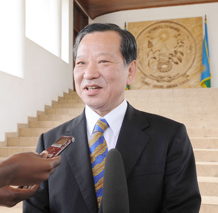 The Japanese Ambassador to Rwanda, Kunio Hatanaka, speaks to journalists after meeting President Kagame at Village Urugwiro, yesterday. (Photo Village Urugwiro)