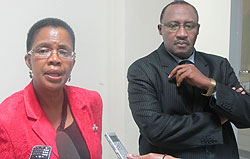 Commonwealth Deputy Secretary-General Mmasekgoa Masire-Mwamba (L) and Minister Protais Musoni speaking to journalists, yesterday. (Photo J Mbanda).