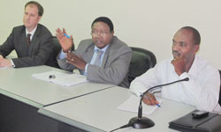 L-R; Michael Bibby of the British Council, Prof. John Mshana of KIST and Gustave Nkurunziza from Manumetal during the meeting, yesterday. (Photo J Mbanda)