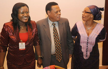 L-R; Minister Monique Mukaruliza, EAC Secretary General Juma Mwapachu and Hafsa Mossi from Burundi at the EAC  Meeting. (Photo T Kisambira)