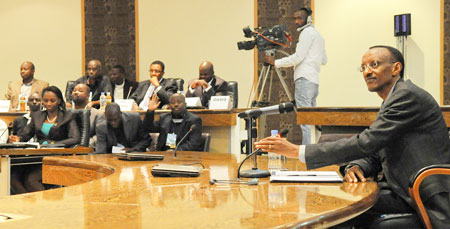 Front President Kagame speaks to journalists at the news conference at Village Urugwiro, yesterday. (Photo/ Village Urugwiro)