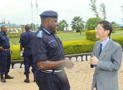 IGP Emmanuel Gasana (R) with the Chinese envoy, Shu Zhan, after their meeting yesterday (Courtsey Photo)