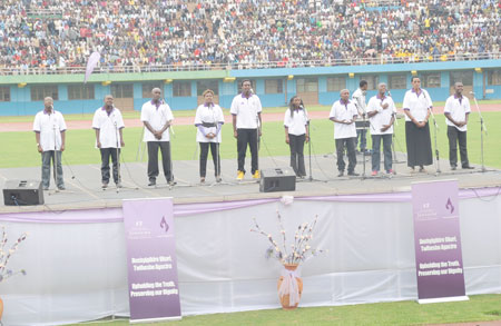 Artistes sing commemoration songs at the national stadium on Thursday (Photo J.Mbanda)