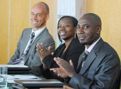 Minister Monique Nsanzabaganwa (C), Dr Mark Cyubahiro, DG RBS (R) and Michael Lindvall from the Swedish Embassy during the meeting (Photo T.Kisambira).