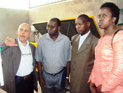 Governor Aisa Kirabo Kacyira (R) listens to an Italian Doctor at the clinic as Father Jean Bosco Gakirage (2d L) and Rwamagana Mayor Nehemie Uwimana look on (Photo S Rwembeho) 